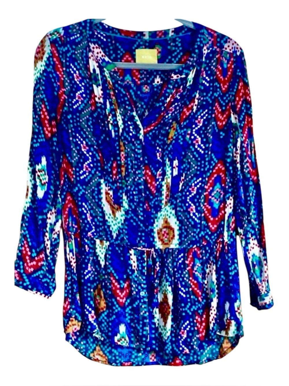 Anthropologie Maeve Topoxe Ikat Tie Waist Blouse Blue Rayon Size 6